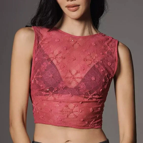 Anthropologie Sequin Lace Backless PInk Crop Top Size: XS - Picture 1 of 10